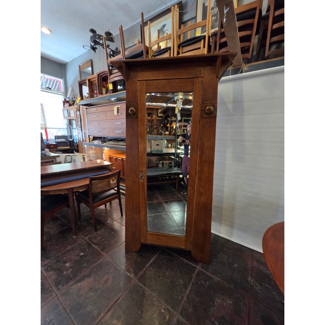 Wood Arts & Crafts Liberty Style Oak Mission Armoire Hand Hammered Copper Accents For Sale - Image 7 of 13