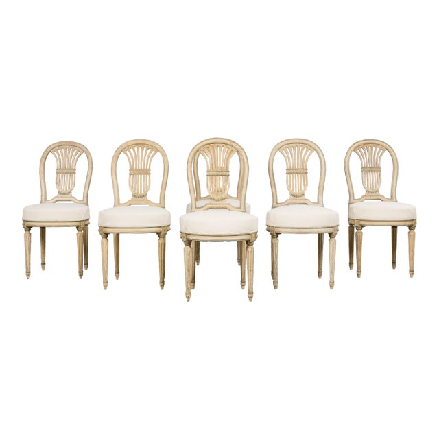 Antique French Louis XVI Style Lyre Back Painted Dining Chairs - Set of 6 For Sale