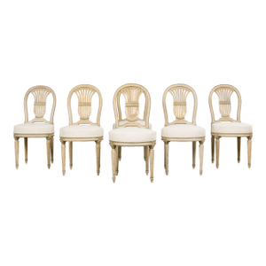 Antique French Louis XVI Style Lyre Back Painted Dining Chairs - Set of 6