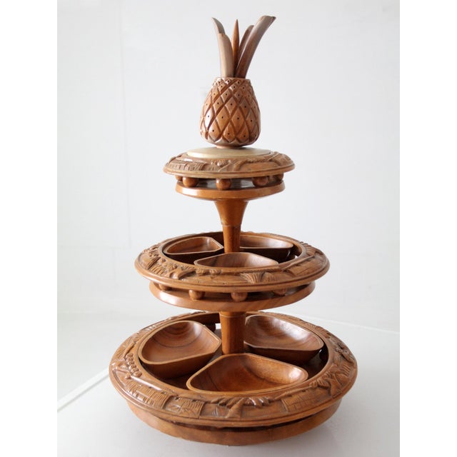Vintage Mid-Century Carved Wood Tiered Lazy Susan With Pineapple Finial For Sale - Image 17 of 17