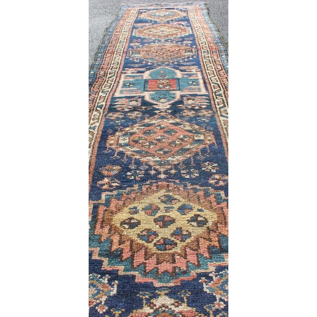 Blue Colorful Persian Antique Karajeh Runner in Blue and Brown For Sale - Image 8 of 13