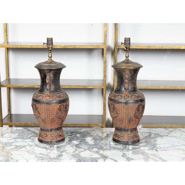 Mid-Century Modern Mid 20th Century Asian Midcentury Bronze Urn-Shaped Table Lamps with Rooster and Meander - Pair For Sale - Image 3 of 9