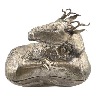 Antique Anglo-Indian Silver-Plated Figural Stag Covered Box, British Raj Period For Sale
