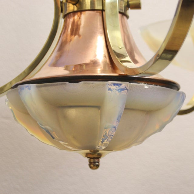 French Opalescent 3-Arm Chandelier in Brass and Glass from Petitot, 1930s For Sale - Image 15 of 16