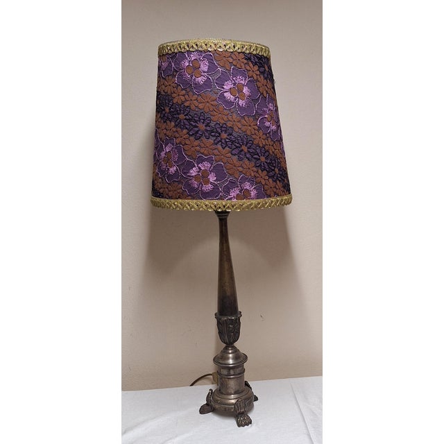 Mid-Century German Table Lamp with Patinated Brass Base and Handmade Fabric Shade, 1960s, in Very Good conditions....