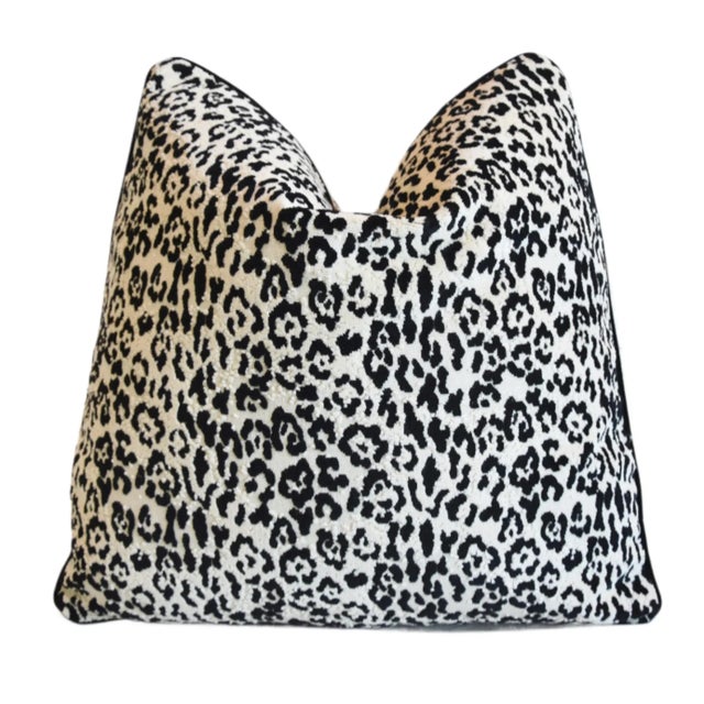Mid-Century Modern French Designer Pierre Frey Black & White Jungle Leopard Velvet Feather/Down Pillow 21" Square For Sale - Image 3 of 5