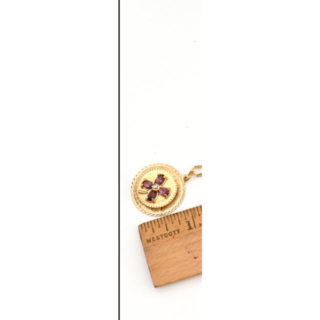 Mid-Century Modern Vintage 14k Amethyst and Diamond Four Leaf Clover Good Luck Charm Pendant, 1950s For Sale - Image 3 of 7