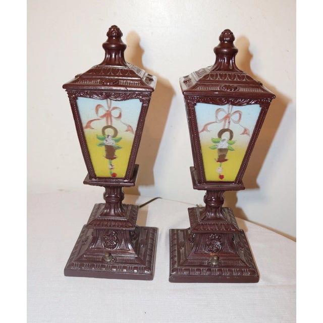 Metal Pair of Antique Vintage Ornate Reverse Painted Glass Metal Table Boudoir Lamps For Sale - Image 7 of 12