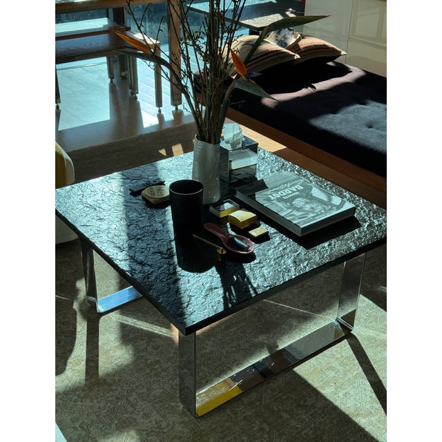 1970s Swabian Oil Shale & Chrome Coffee Table | 10" Ammonite Fossil | Original West German Provenance For Sale - Image 10 of 10