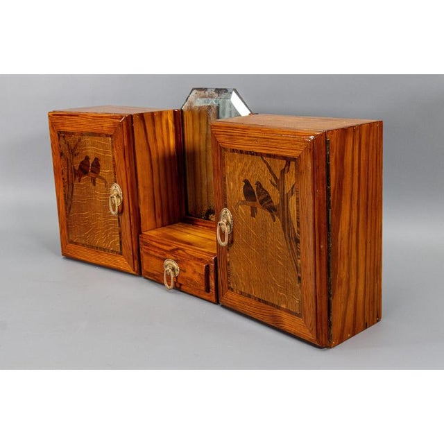French Art Deco Pine Wood Wall Cabinet with Bird Marquetry & Mirror, 1930s For Sale - Image 15 of 18