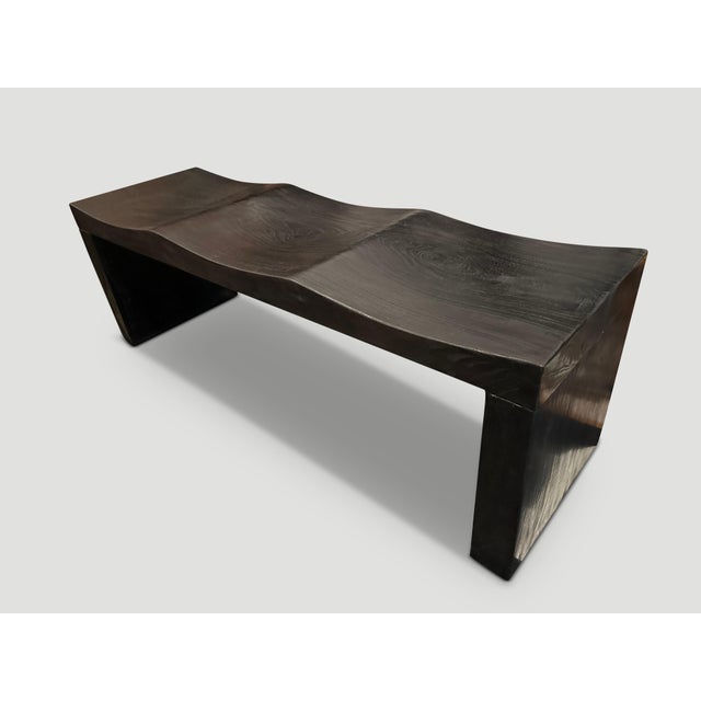 Contemporary Andrianna Shamaris Triple Burnt Teak Wood Wave Bench For Sale - Image 3 of 5