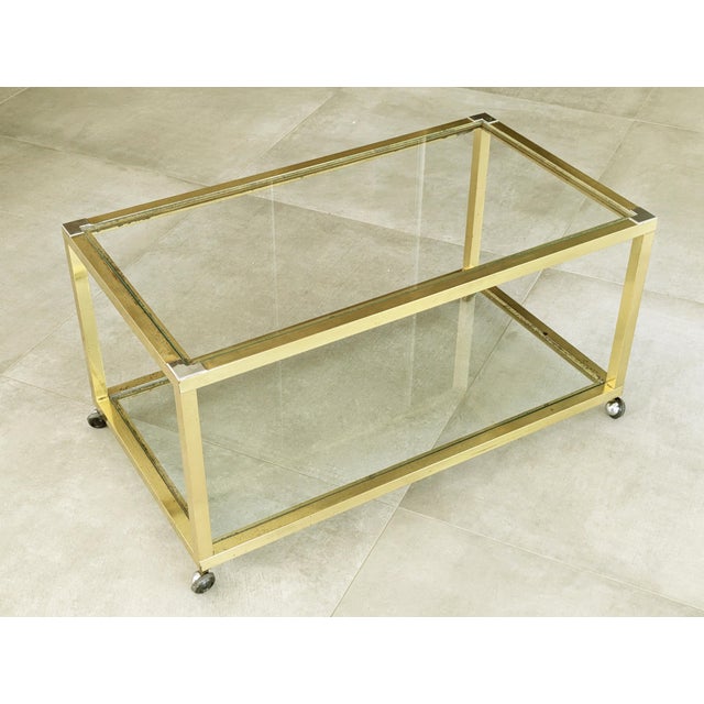 Italian Brass, Chrome Plated Metal and Glass Coffee Table with Wheels, 1970s For Sale - Image 9 of 16
