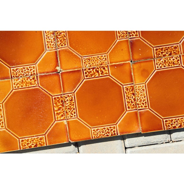 Art Deco 1910s Portuguese Art Deco Glazed Tiles Set of 30 Large Amber Brown Geometric Antique For Sale - Image 3 of 18