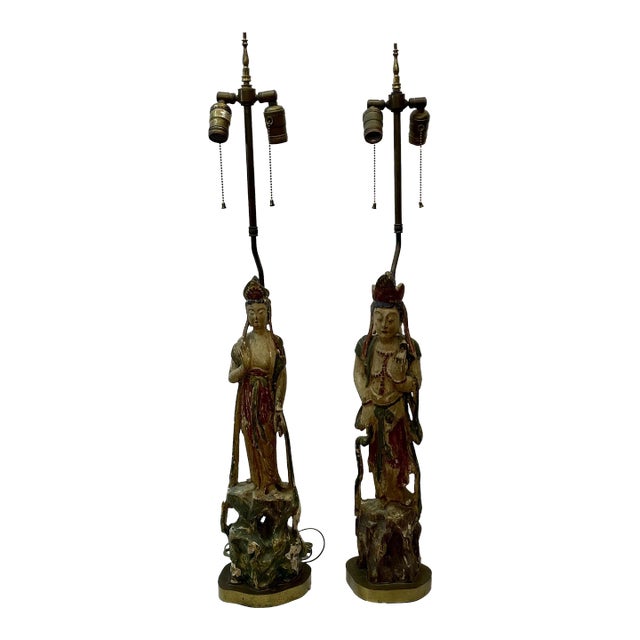 Pair of Chinese Quan Yin Carved and Polychromed Wood Table Lamps by Fredrick Cooper For Sale