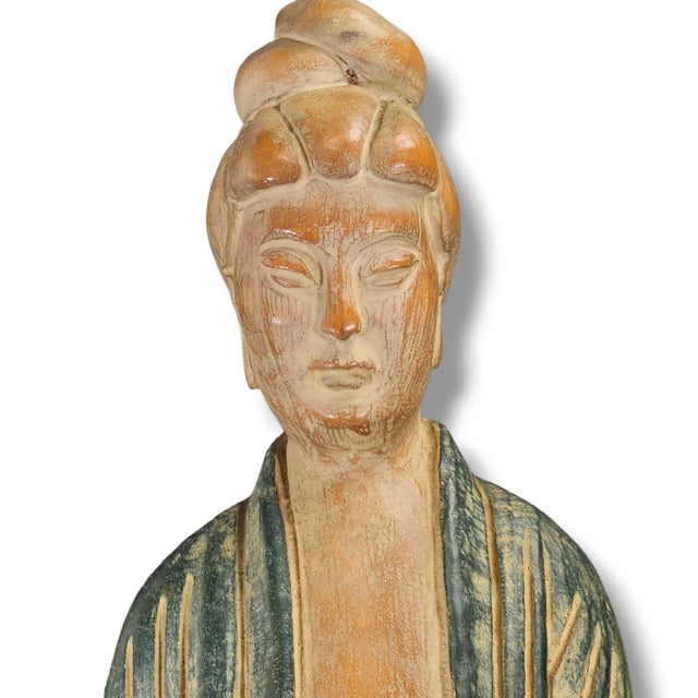 Pair of Mid-Century Chinese Hand-Carved Wooden Guanyin Figures – Painted Polychrome Finish, 23″ For Sale In San Francisco - Image 6 of 13