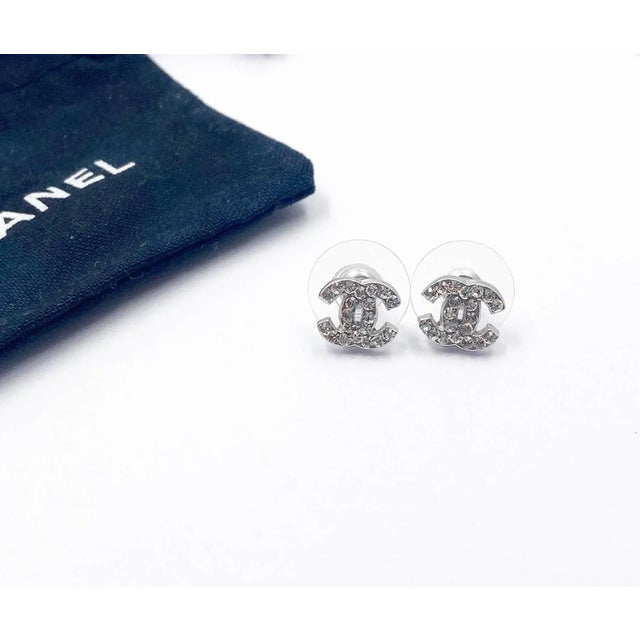 Chanel Chanel Classic Silver CC Crystal Oval Small Piercing Earrings, A Pair For Sale - Image 4 of 4