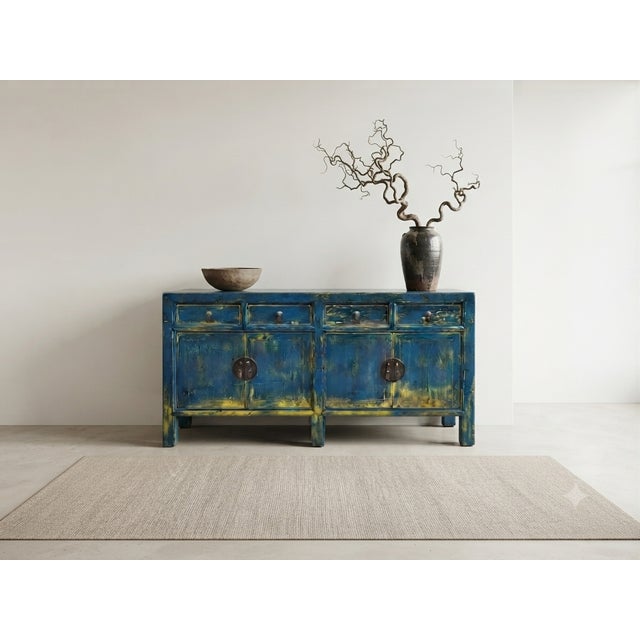1990s Distressed Bright Blue Oriental Sideboard Credenza Console Table Cabinet For Sale - Image 5 of 18