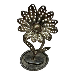 Vintage Silver-Tone Metal Flower Sculpture on Engraved Base For Sale