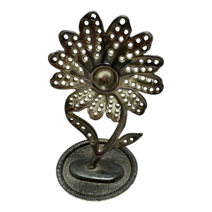 Vintage Silver-Tone Metal Flower Sculpture on Engraved Base