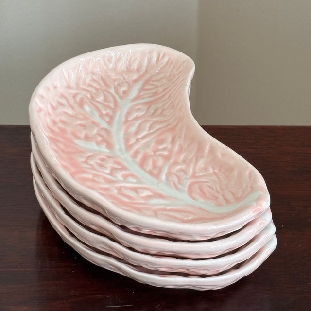 Rustic European Vintage Majolica Cabbage Leaf Crescent Plates, Portugal — Set of 4 For Sale - Image 3 of 12