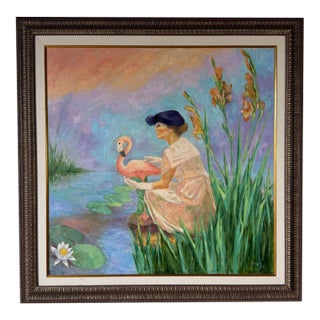 1980s Carver Figurative Tropical Landscape Oil on Canvas Painting, Framed For Sale