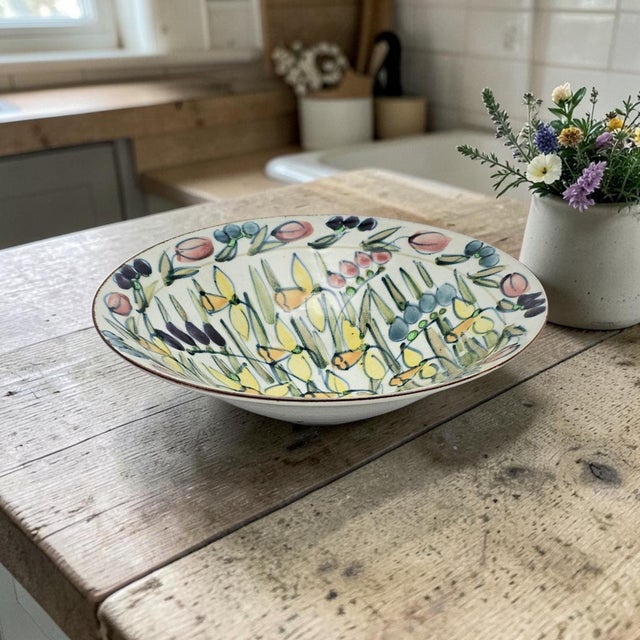 Large hand-painted studio pottery centerpiece bowl executed in porcelain with a white glazed body and vibrant botanical...