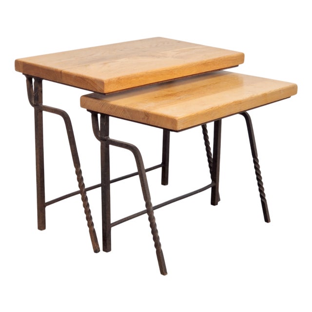 Brutalist Cast Iron and Oak Nesting Tables, 1970s, Set of 2 For Sale
