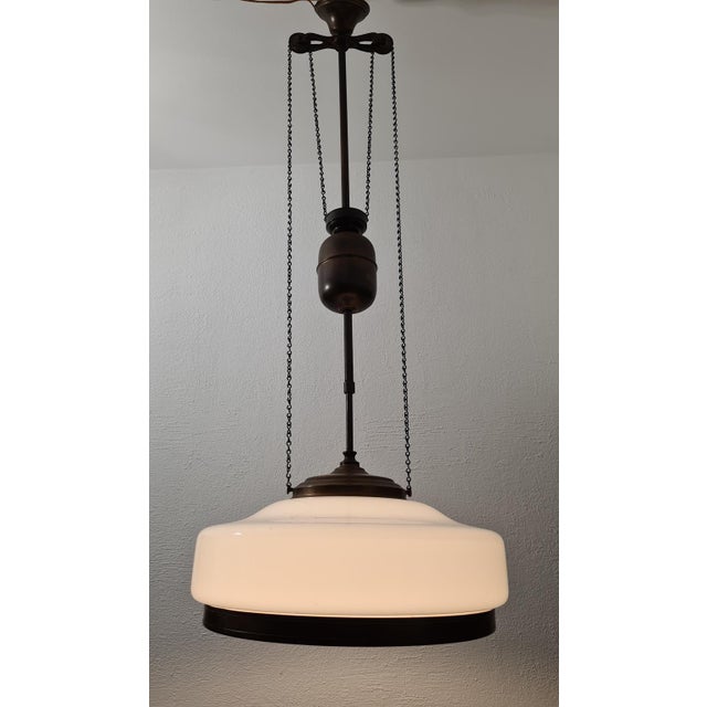 Art Deco Adjustable Pendant Lamp in Brass and Opal Glass, 1930s-1940s For Sale - Image 12 of 14