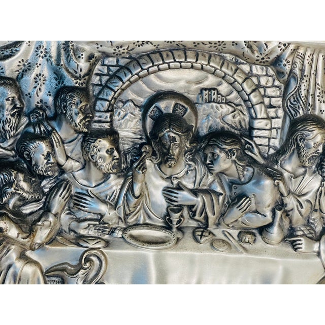 Large Spanish antique silverplate as relief Last Supper, framed.
