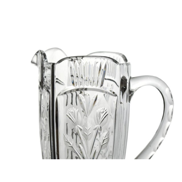 Vintage Cut Etched Floral Design Clear Crystal Glass Pitcher For Sale - Image 4 of 6