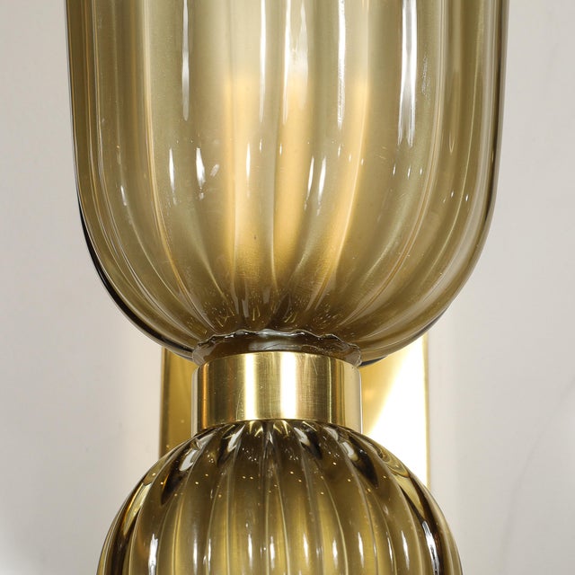 Pair of Modernist Hand-Blown Murano Fluted Glass Sconces in Frosted Smoked Topaz For Sale - Image 16 of 18