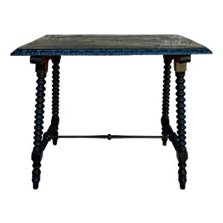 Early 20th Century Spanish Side Table with Turned Legs and Iron Stretcher, 1920s For Sale
