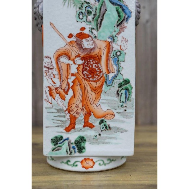 Ceramic Antique Chinese Famille Verte Wucai Square Cong-Form Porcelain Vase For Sale - Image 7 of 18