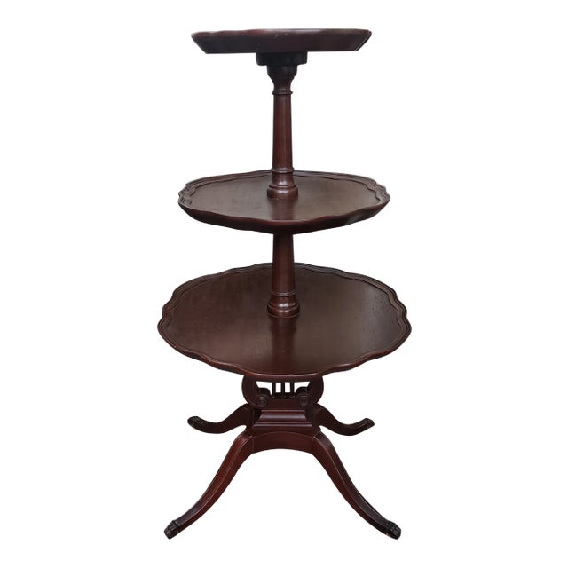 Antique Mersman Mahogany Lyre Base 3 Tier Dumbwaiter Table For Sale