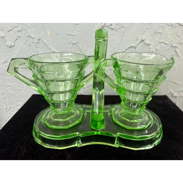 Art Deco 1930s Art Deco Indiana Glass Uranium Green Creamer & Sugar Set With Caddy – Depression Glass - 3pcs For Sale - Image 3 of 11