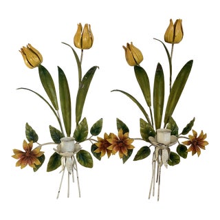 Vintage 1960s Italian Tole Painted Tulip Candle Holders - a Pair For Sale