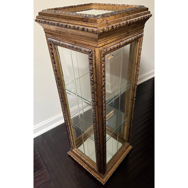 Neiman Marcus Italian Antiquated Gold-Gilt Pedestal Small Curio Cabinet Vitrine Display For Sale - Image 4 of 12