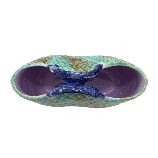 English Majolica Basket Mottled Green Cobalt Handle Lavender Interior, Ca. 1875 For Sale - Image 6 of 8
