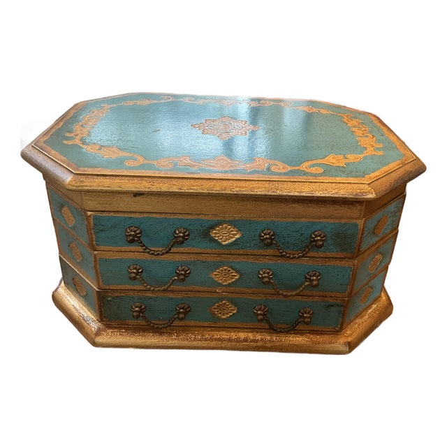 Mid 20th Century Italian Florentine Style Teal & Gold Gilt Jewelry Chest - Made in Japan For Sale