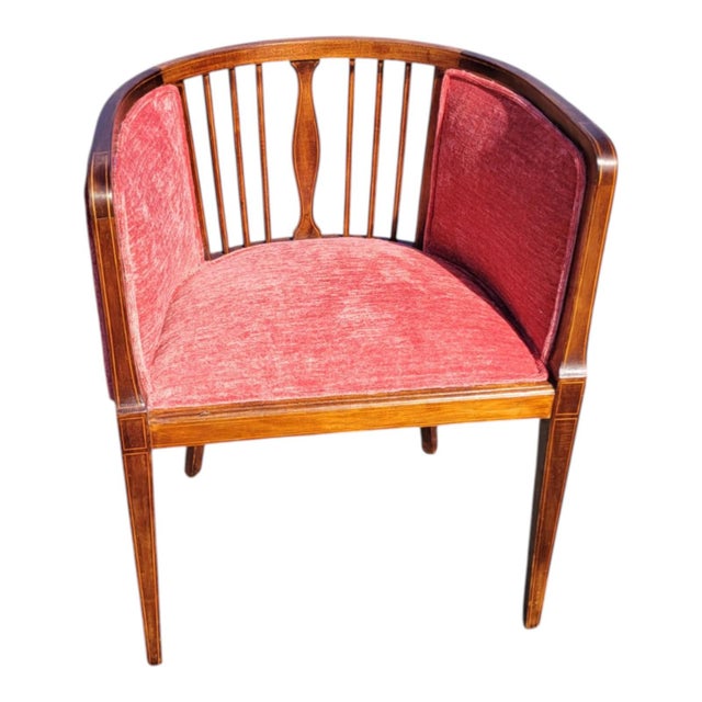 Pair 1920s English Edwardian Inlaid Mahogany Tub Club Chairs Newly Upholstered For Sale - Image 10 of 18