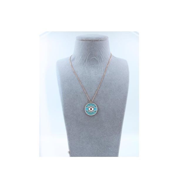 Diamond Halo Evil Eye Turquoise 18k Rose Gold Pendant Charm Medallion Necklace For Sale - Image 15 of 18