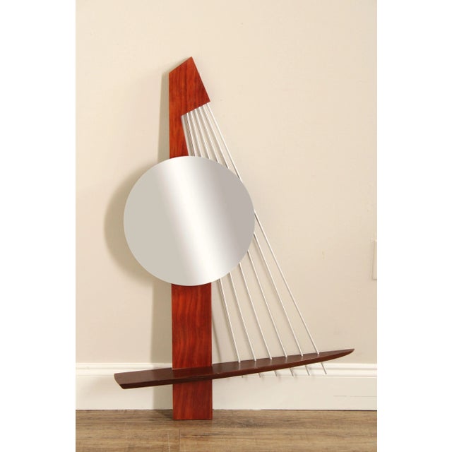 High Quality Custom Crafted Mixed Woods And Metal Wall Sculpture or Accent Mirror with Beveled Glass, Signed 'Kovecses'