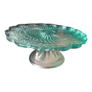 1940s Teal Aqua Glass Cake Stand Dessert Plate For Sale