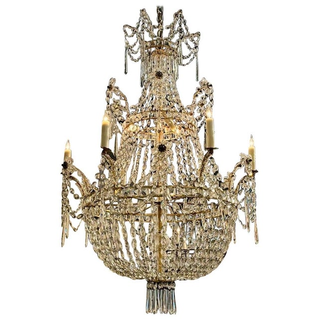 Very fine antique Italian basket form beaded chandelier. Featuring 3 tiers and covered in gorgeous crystals. So elegant!...