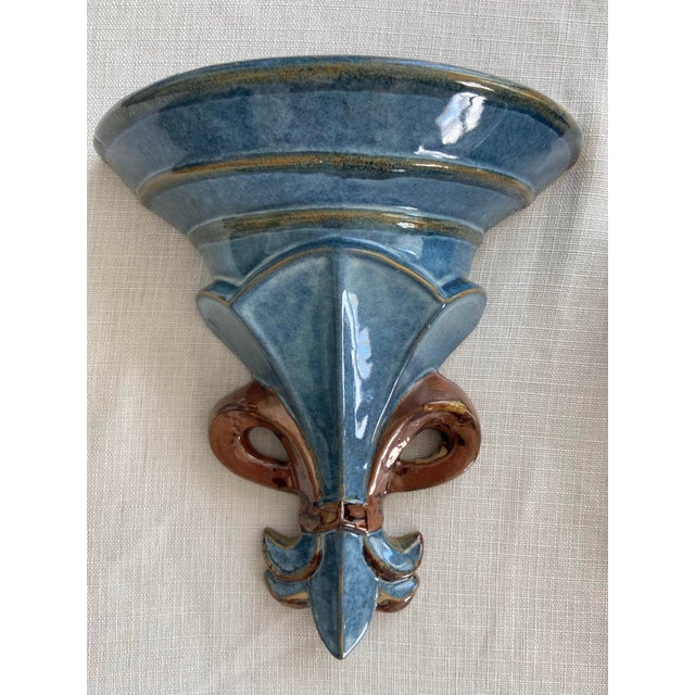 Ceramic Vintage Ceramic Wall Brackets Sconces Fleur-De-Lis Blue and Brown Glazed – A Pair For Sale - Image 7 of 8
