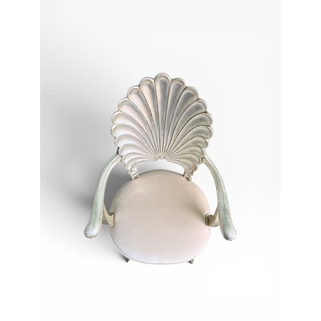 Late 20th Century Hollywood Regency Silver Leaf Shell Back Armchairs in Brunschwig & Fils Velvet – Pair For Sale - Image 9 of 13