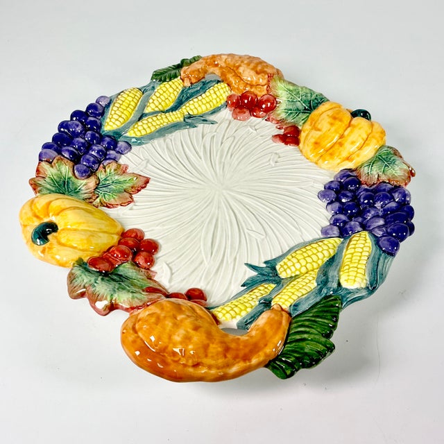 1990s Vintage Boho Chic Fitz & Floyd Majolica Arts & Crafts Americana Fall Harvest Platter For Sale - Image 5 of 11