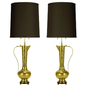 Large Moroccan Etched Brass Ewer Table Lamps - a Pair