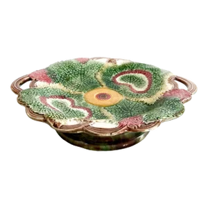 Antique 19th C Majolica Scalloped Begonia Leaves and Floral Compote C1870s
