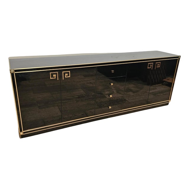 Black Lacquered Credenza with Brass Details, 1980 For Sale